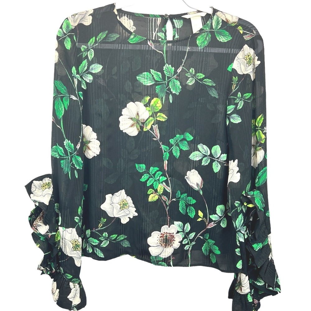 H&M Floral Sheer Rose Print Blouse Top Black Long Sleeve Womens 4